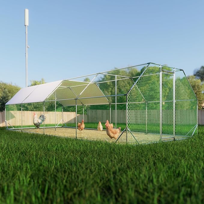 Large Metal Chicken Coop,9.94x25.68x6.36 ft Walk-in Chicken Runs for Yard with Waterproof Cover, Flat Shaped Chicken House with Door for Outdoor and Backyard, Farm,Duck Rabbit Cage