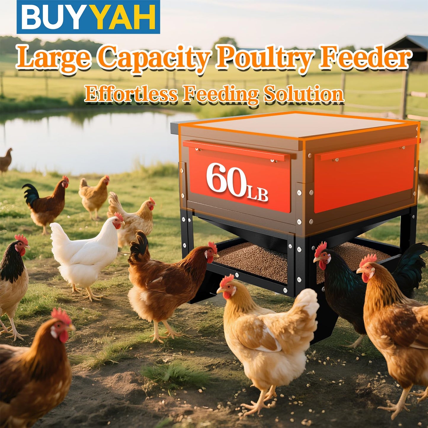 BUYYAH Automatic Chicken Feeder, 60lb Large Capacity, All Metal Poultry Feeder, No Waste Waterproof Chicken Feeder, Suitable for Geese, Ducks, Turkeys, Quails