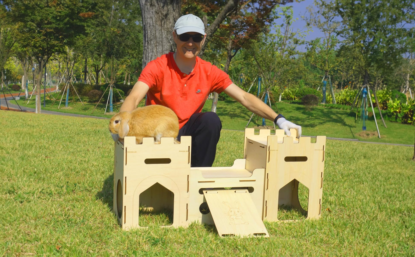 HIIMALEX Extra Large Wooden Bunny Castle House Multistory Climbing Tower Hideout Ventilated Sturdy Habitat for Rabbit Guinea Pig Chinchilla Ferret
