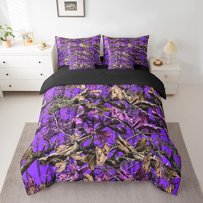 Feelyou Tree Branches 7 Pieces Bedding Set, for Kids Wild Hunting Bed Set Full Size Botanical Tree Bed in a Bag with Comforter, Sheets, Pillowcases Bedroom Decor Nature Theme Purple Brown