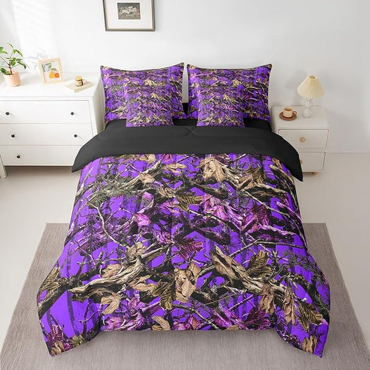 Feelyou Tree Branches 7 Pieces Bedding Set, for Kids Wild Hunting Bed Set Twin Size Botanical Tree Bed in a Bag with Comforter, Sheets, Pillowcases Bedroom Decor Nature Theme Purple Brown