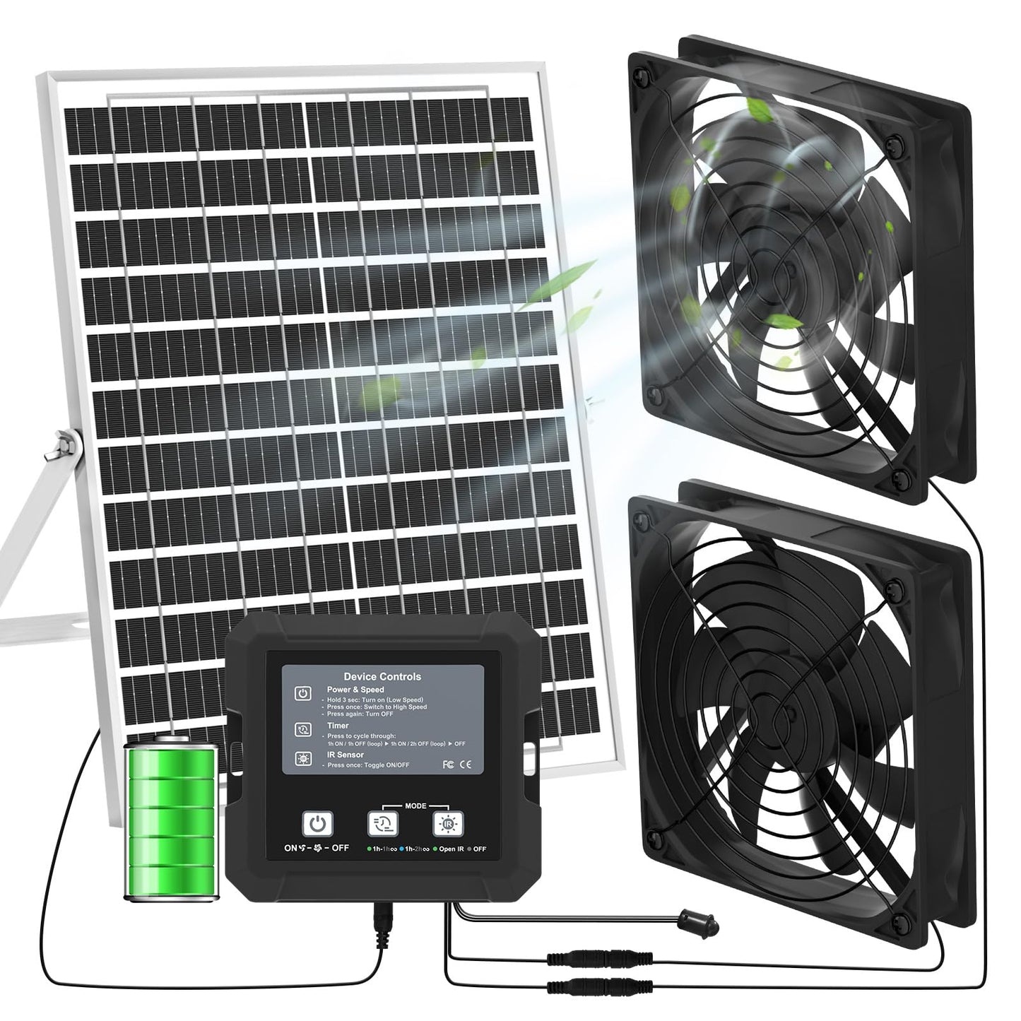 25W Solar Fan for Chicken Coop with Battery, Solar Exhaust Fan for Shed & Greenhouse, 3 Modes Controller (Continuous/Timer/Motion Sensor), Solar Powered Fan for Intake or Exhaust Vent Cooling
