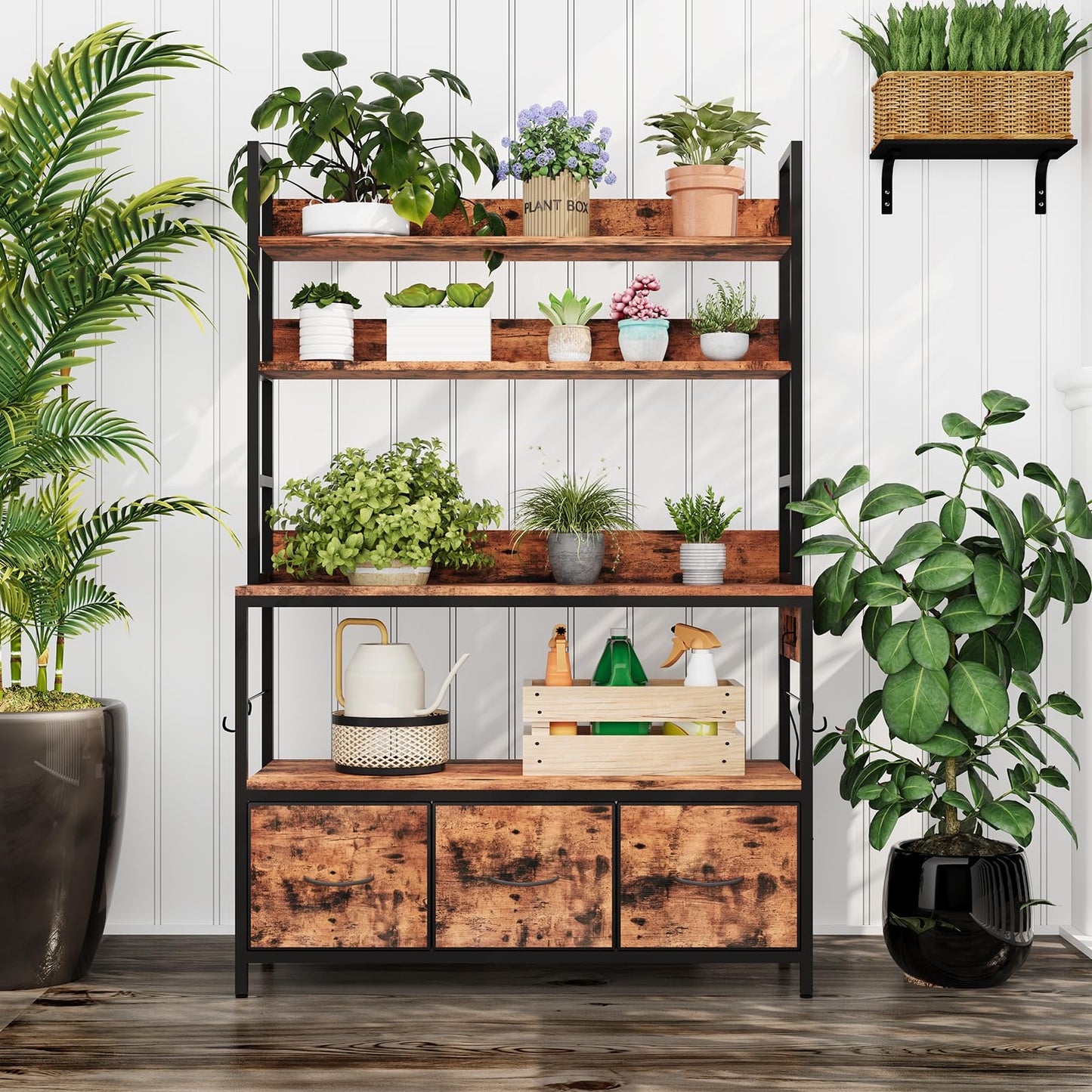 Garvee Kitchen Bakers Rack with Storage and Power Outlet, 5-Tier Industrial Microwave Stand with Drawers and Open Shelves, Metal Frame, Farmhouse Coffee Bar Cabinet, Brown