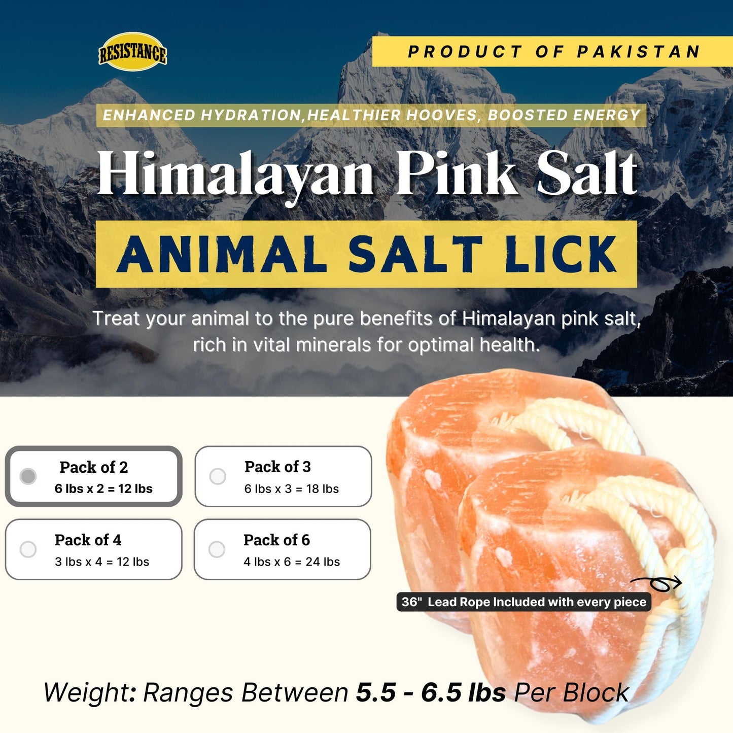 RESISTANCE Pink Himalayan Salt Lick Block with Rope for Horses, Cattle, Deer, Goats, and Livestock – 3 Lbs, 4 Lbs & 6 Lbs (Each Block Weight)