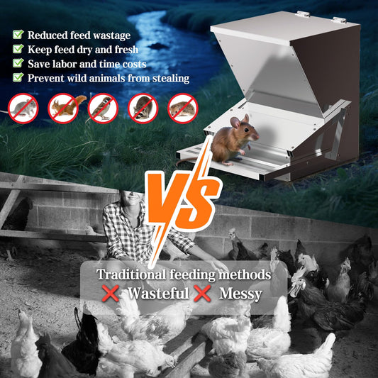 BUYYAH 40lb Automatic Metal Treadle Feeder, Sturdy Galvanized Steel Poultry Feeders, Automatic Chicken Feeder, Suitable for Chicken, Geese, Ducks, Turkeys and Quails