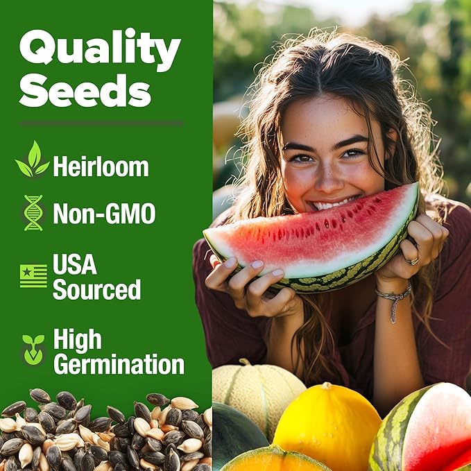 HOME GROWN 𝗨𝗦𝗔 𝗣𝗥𝗘𝗠𝗜𝗨𝗠 Melon Seeds Variety Pack 5 𝗡𝗢𝗡-𝗚𝗠𝗢 Heirloom Vegetable Seeds, Watermelon Cantaloupe Honeydew Sugar Baby & Melon, High Germination for Planting Home Garden Indoors