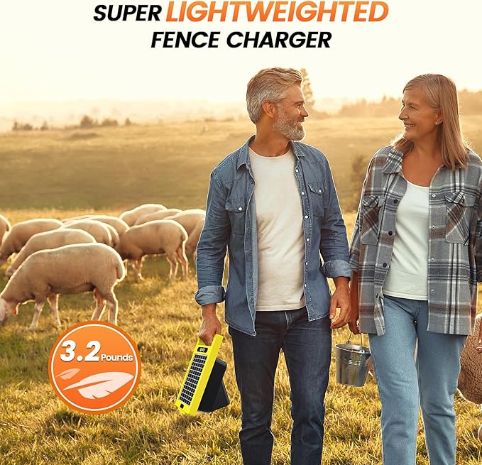 24 Hour Solar Electric Fence Charger, 20 Miles, Up to 10200v Output Range Electric Fence Charger, 0.32J Portable Energizer with Rechargeable Solar Panel for Livestock & Predator Protection