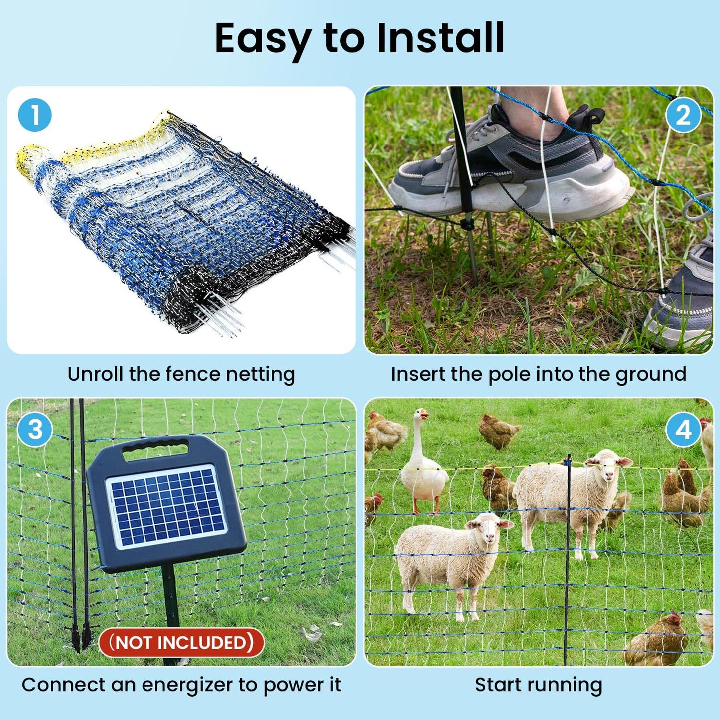 Electric Poultry Netting, 42" H x 164'L Electric Anti-Predator Poultry Fence, PE Net Fencing Kit with 14 Posts Double Spiked, Movable Livestock Nets for Chickens, Ducks, Geese, Sheep and Other Poultry