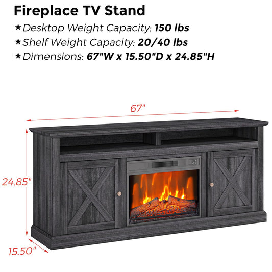 Electric Fireplace Tv Stand for Tvs Up to 67 Inch, Farmhouse 23" Remote Control Fireplace Entertainment Center with Sliding Barn Door, Storage Cabinets/Adjustable Shelves for Living Room