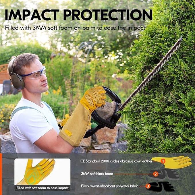 Vgo... Safety Work Gloves Men,Extra-long Cuff Thornproof,Premium Cow Grain Leather,Anti-abrasion, Anti-Impact,Gardeing (1 Pair,Size XL, Gold, CA9659)