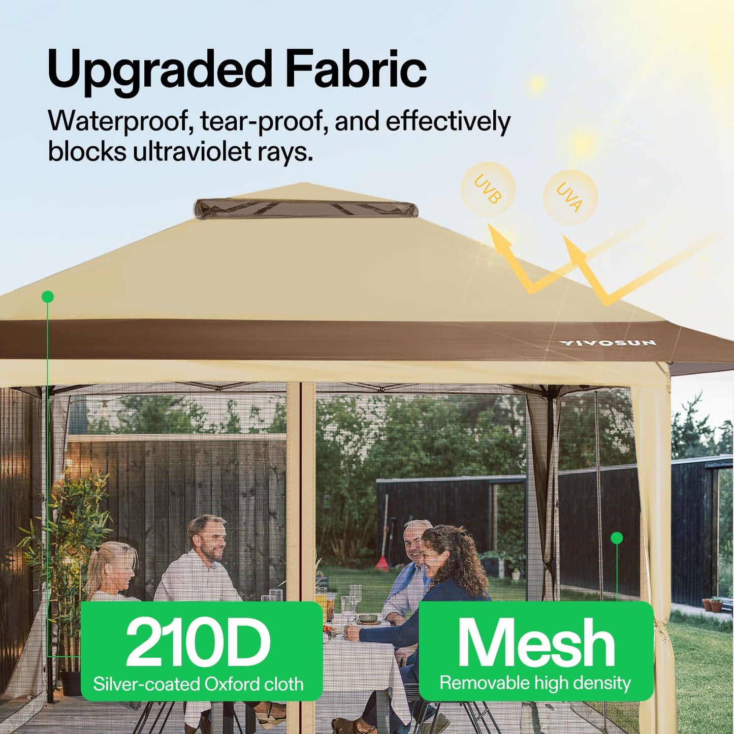 VIVOSUN 13 x 13 Pop Up Canopy Tent, Quick Setup Canopy Shelter with Mosquito Netting, Center Lock, Storage Bag, Instant Outdoor Gazebo for Parties, Patio, Lawn, Garden, Backyard, Khaki