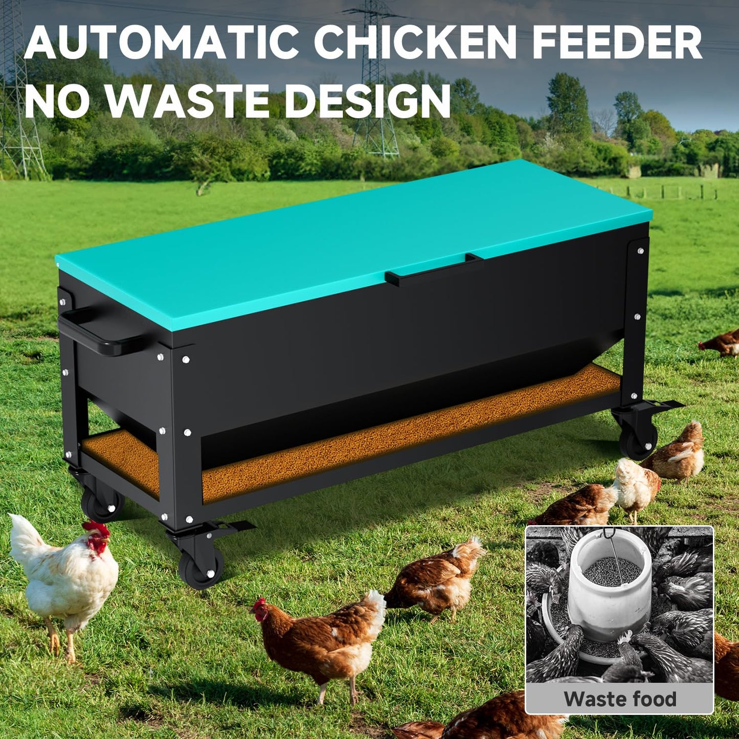Heavy Duty Chicken Feeder 120 lbs Large Capacity, Metal Automatic Poultry Feeding Box with Waterproof Lid, Raised Standing Feeder with Wheels for Hens & Roosters, Portable & Easy to Move