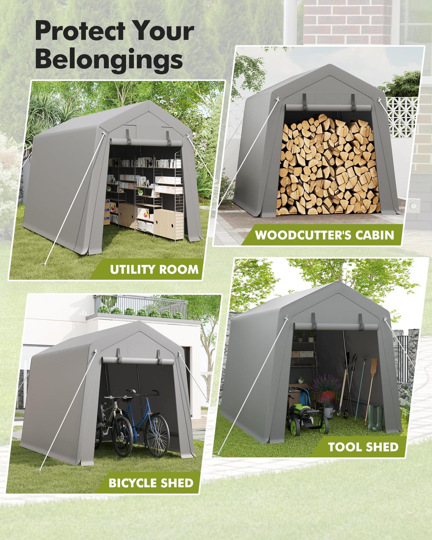 VerisShade 6 x 8 ft Carport Storage Shed, Shelter Logic with 2 Roll-up Zipper Door, Heavy Duty Waterproof Tarp, Storage Tent for Motorcycle, Bike, Garden Tools, Firewood