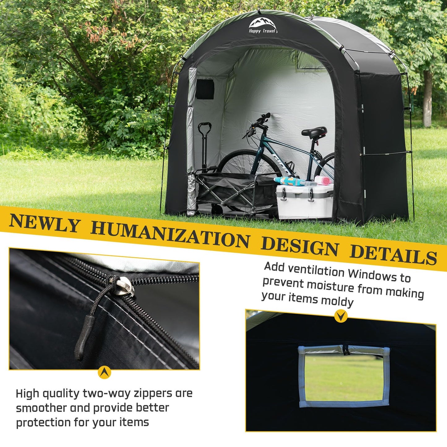 Happy Travel Bike Storage Shed Tent, Waterproof Portable Bicycle Cover with 30% More Top Storage Space for 2/3/4/5 Bikes,Clips Easy Setup Outdoor Sheds Shelter for Motorcycle, Garden Tools, Lawn Mower