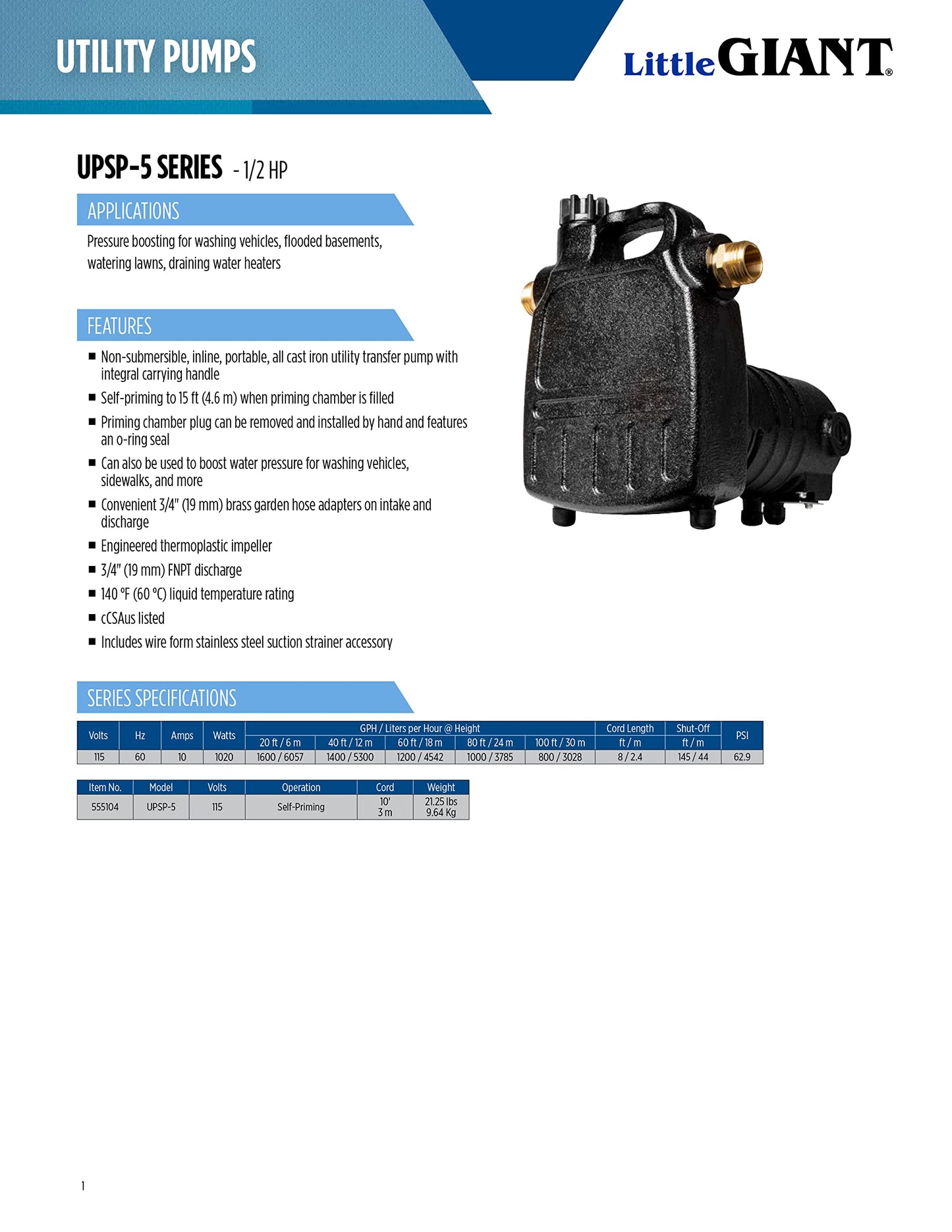 Little Giant UPSP-5 115-Volt, 1600 GPH, 1/2 HP Manual Non-Submersible Multi-Purpose Transfer Pump, 10-Ft. Cord, Black, 555104