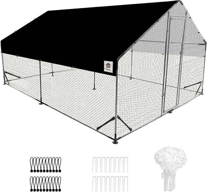 Chicken Coop Large Metal Chicken Run, Upgraded Anti-UV 180g/㎡ PE cloth & 1.1mm Thickened PVC-Coated hexagonal chicken Wire Mesh & More Galvanized Steel Standpipes, walk-in chicken coop, 13.1×9.8×6.4FT