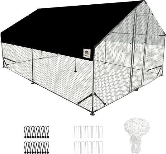 Chicken Coop Large Metal Chicken Run, Upgraded Anti-UV 180g/㎡ PE cloth & 1.1mm Thickened PVC-Coated hexagonal chicken Wire Mesh & More Galvanized Steel Standpipes, walk-in chicken coop, 13.1×9.8×6.4FT
