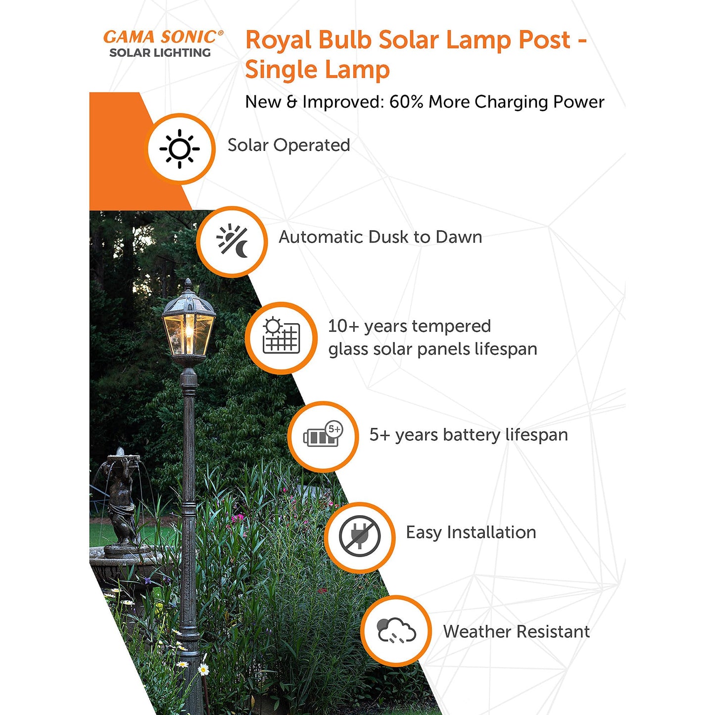 Gama Sonic Outdoor Solar Lamp Post Light, Weathered Bronze Aluminum and Beveled Glass Panels, 10-Year Royal Bulb, Warm White LED with Omni-Direction Reflector, 87" Height, 98B301 (Upgraded Panel)