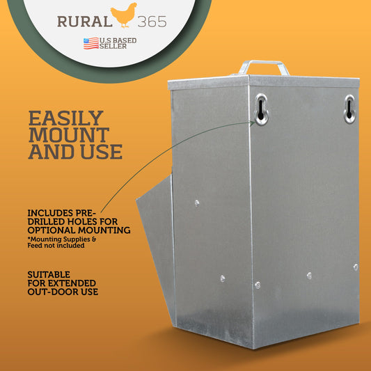 Rural365 11.5lb Capacity Galvanized Chicken Feeder - Rat Proof Poultry Feeder with Lid Weatherproof Outdoor Coop Food Dispenser
