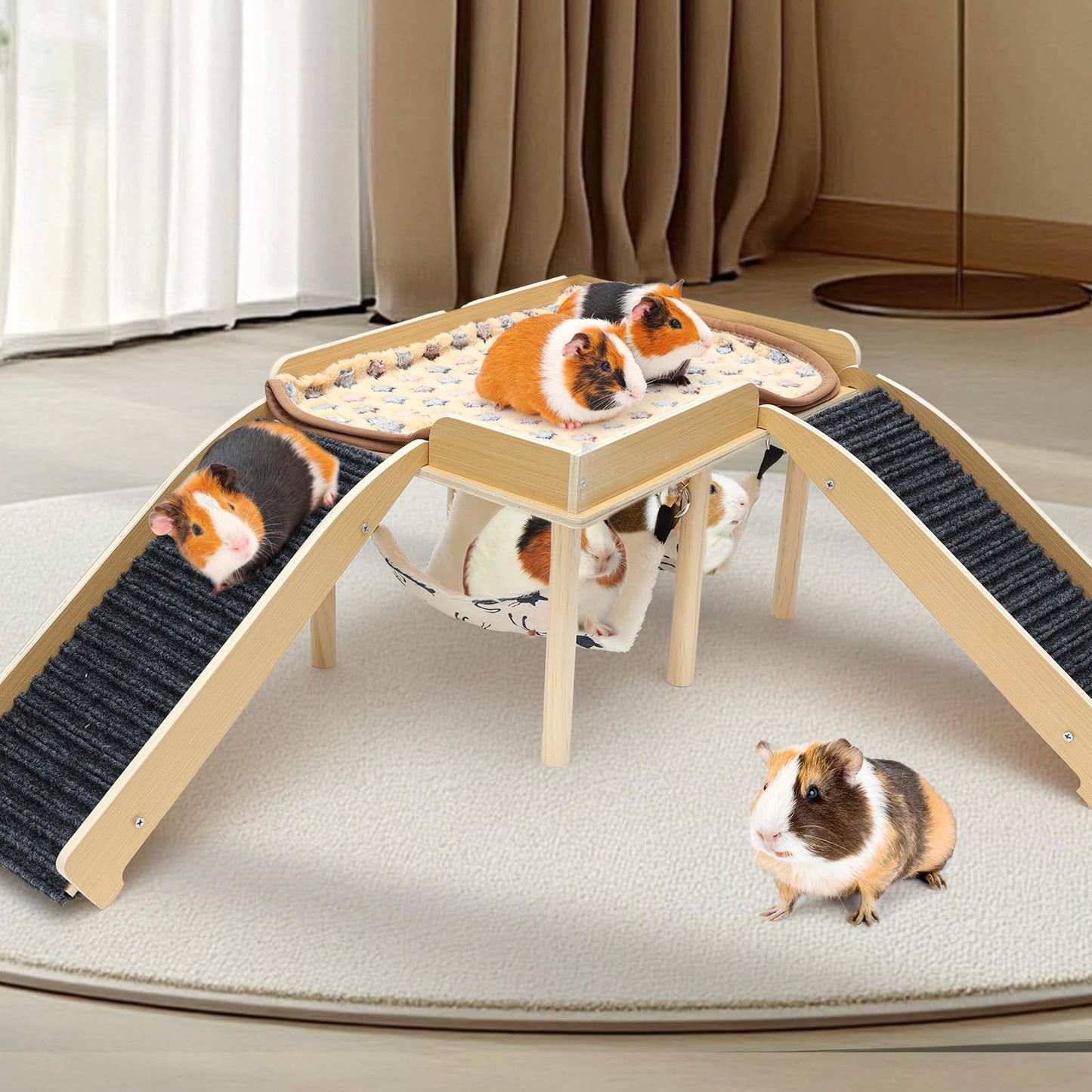 GHWMYD Guinea Pig Hideout Castle, Wooden Chinchilla House with 2 Stairs and Hammock, Small Animals Habitats Hut Accessories for Hamsters Bunny Rabbit Hedgehog Playing Hiding, Easy Assembly