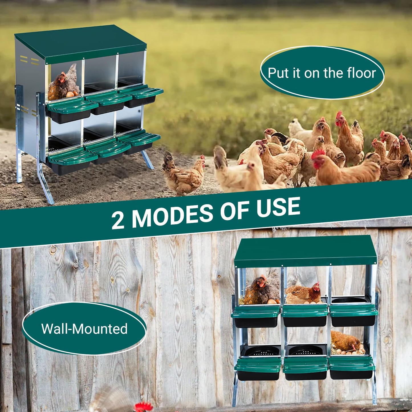 GarveeLife Nesting Boxes for Chickens, 6 Holes Chicken Nesting Boxes with Legs, Chicken Laying Box with Lid Cover, for Outdoor Chicken Coop Farm Yard, Green