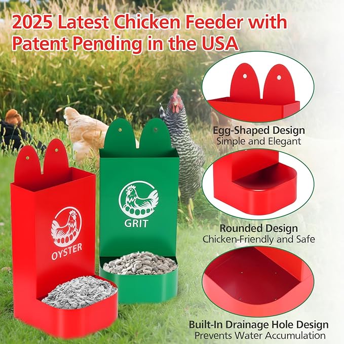 Chicken Grit and Oyster Shell Feeder for Hens – US Patent Pending – Heavy-Duty Metal Chicken Feeder with Rounded Edges – Chicken Coop Accessories Improve Eggshell Quality and Hen Health