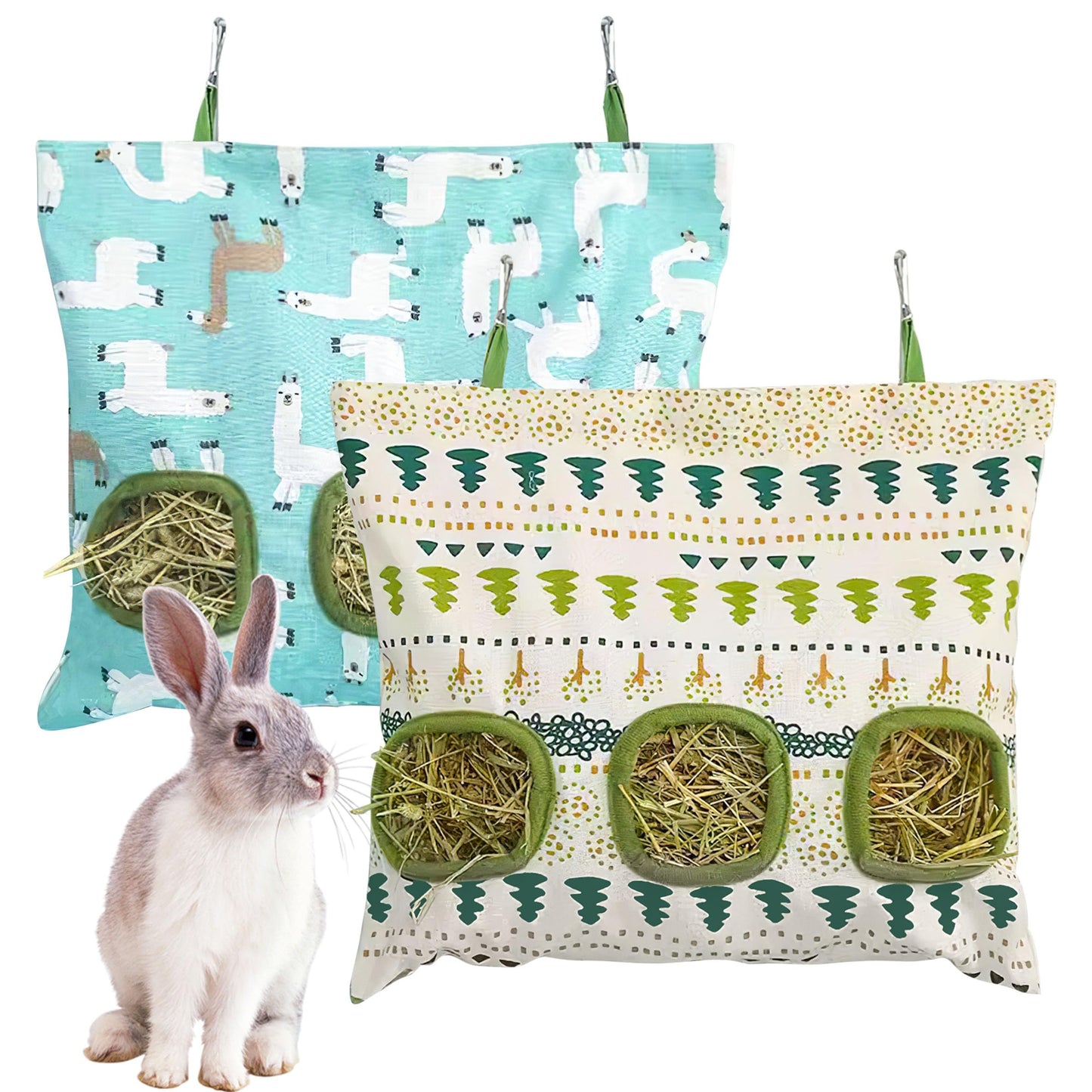 Lesnala 2pcs Bunny hay Feeder Hanging Guinea Pig Food Bag Large Capacity Cotton Canvas Fabric for Rabbits Chinchillas Hamsters and Other Small Pets 3 Holes 2 Styles