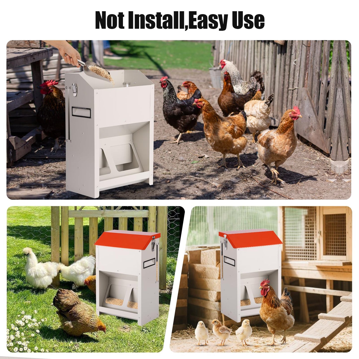 MUDUOBAN Chicken Feeder Wall Mount - Galvanized Metal Hanging Poultry Feeder No Waste - Chicken Coop Feed Dispenser for Oyster Shell & Grit