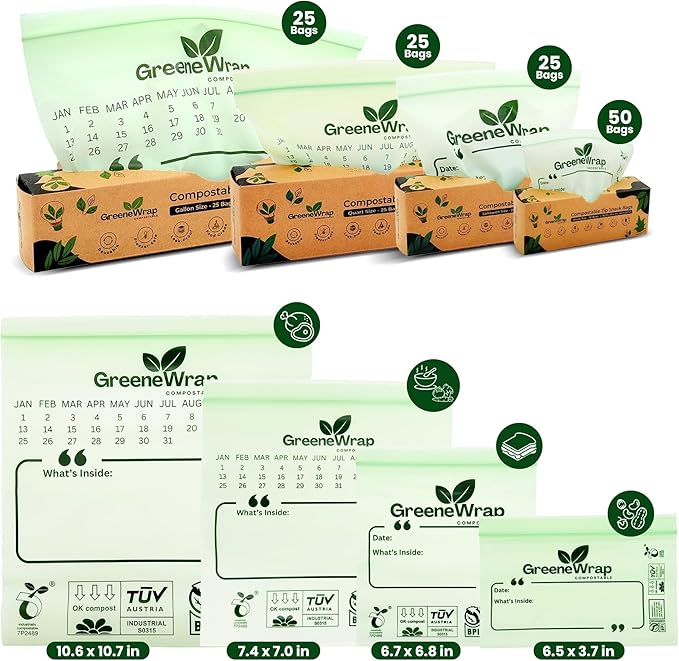 Compostable Snack Size Zip Bags 50 Count Extra Thick 2 mil Resealable, Leak-Proof, Freezer Safe Disposable Food Storage Bags, BPI and OK Compost Home Certified, ASTM D6400
