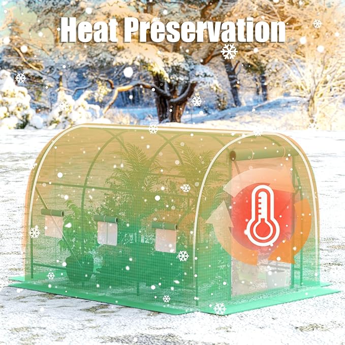 10×7×7 FT Greenhouses for Outdoors Heavy Duty, Large Walk in Green Houses for Outside with 6 Ventilated Mesh Windows & Roll-up Door & Reinforced Frame