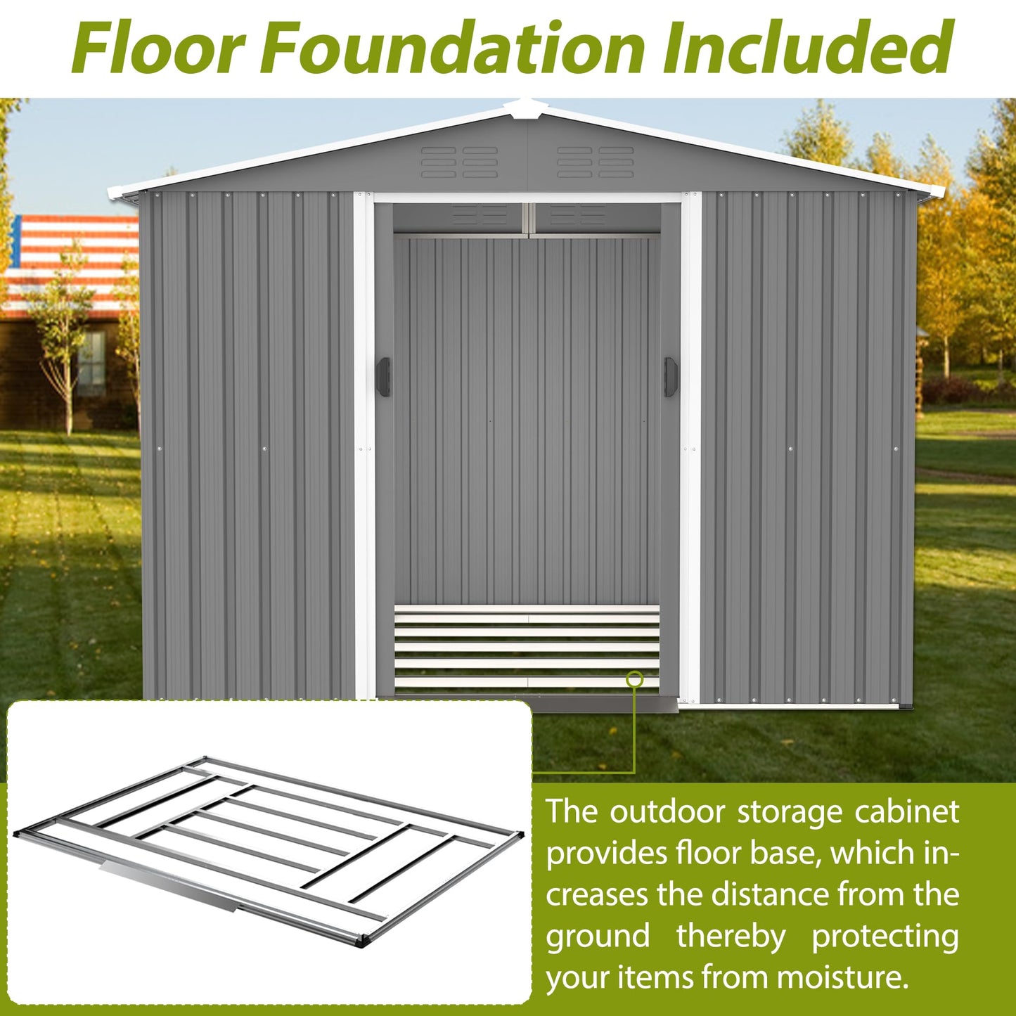 KEIKI Storage Shed 8x6 FT, Large Metal Tool Shed for Outdoor Storage, Galvanized Steel Garden Shed with Floor & Lockable Sliding Doors for Patio, Backyard, Lawn, Grey