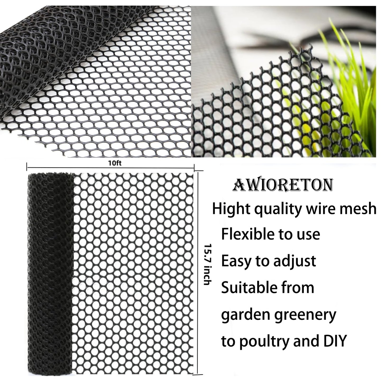 Chicken Wire Fence Mesh, Plastic Hexagonal Fencing for Gardening with Zip Ties, 15.7IN x 10FT Black Poultry Fencing,Garden Netting, Chicken Wire Frame for Crafts, Floral Netting