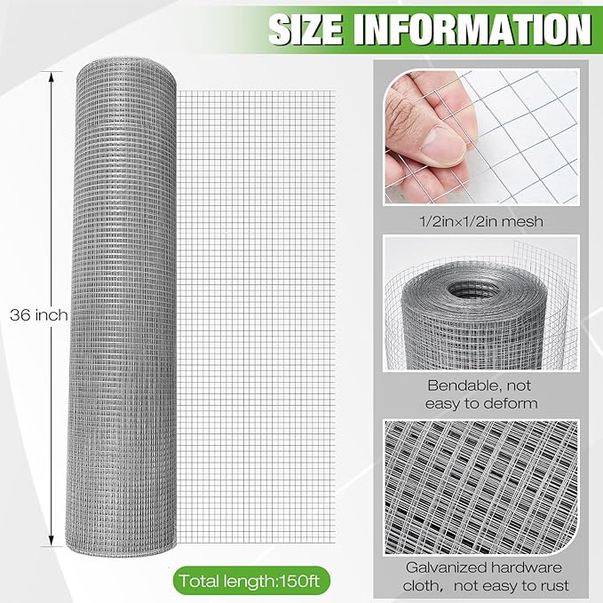 Tatuo 36in X 150ft Hardware Cloth 23 Gauge Hot Dip Galvanized After Welded Cage Mesh Rolls 1/2 Inch Metal Chicken Wire Mesh Roll Wire Fencing Poultry Netting for Raised Garden Rabbit Rodent Animals