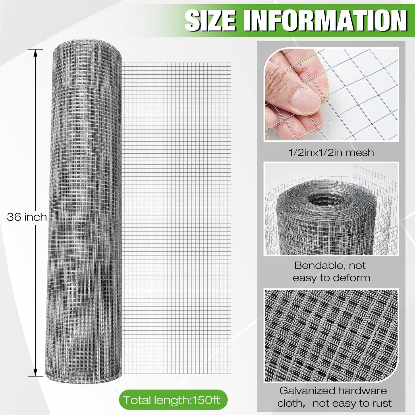 Tatuo 36in X 150ft Hardware Cloth 23 Gauge Hot Dip Galvanized After Welded Cage Mesh Rolls 1/2 Inch Metal Chicken Wire Mesh Roll Wire Fencing Poultry Netting for Raised Garden Rabbit Rodent Animals