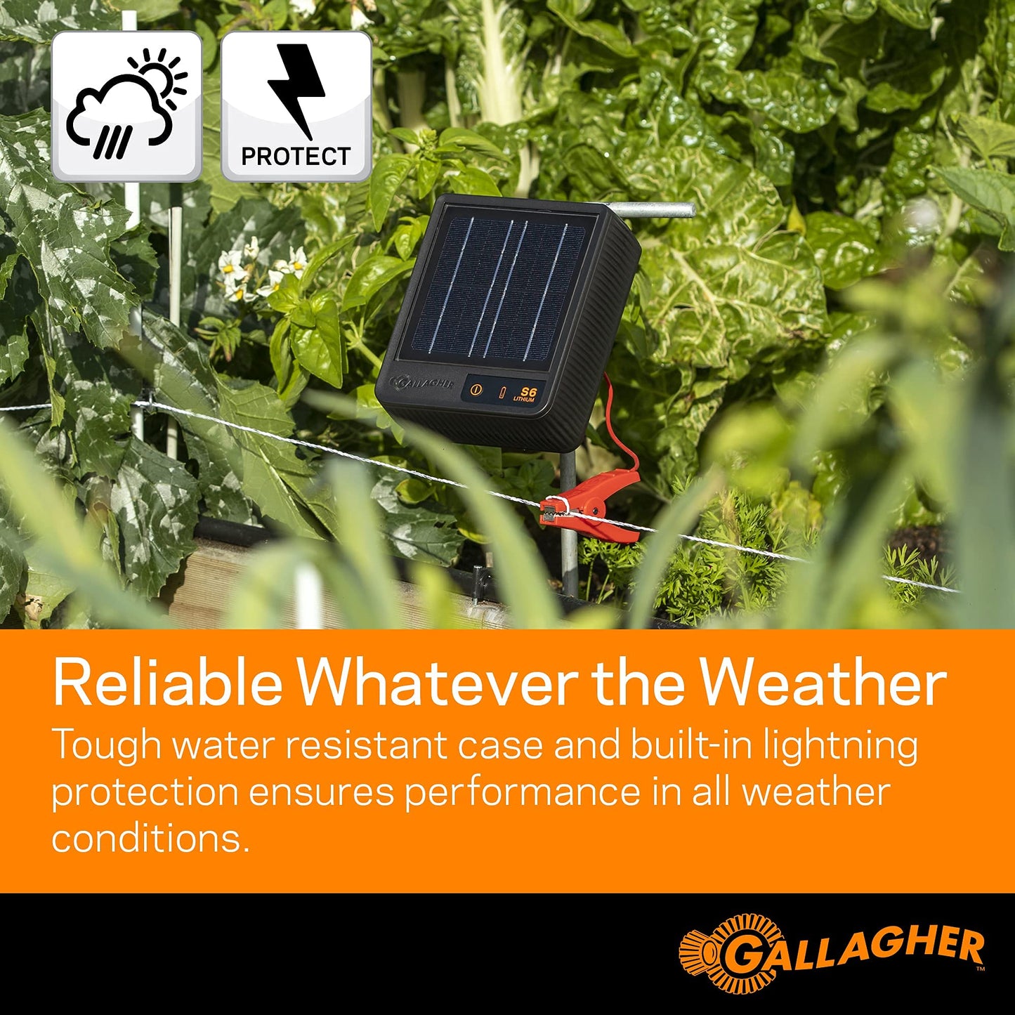 Gallagher S6 Solar Electric Fence Charger | Solar Fence Energizer for Gardens, Chickens, Goats, and Pets | Solar-Powered Fence Charger with Lithium Battery | Mounts Directly to Grounding Rod