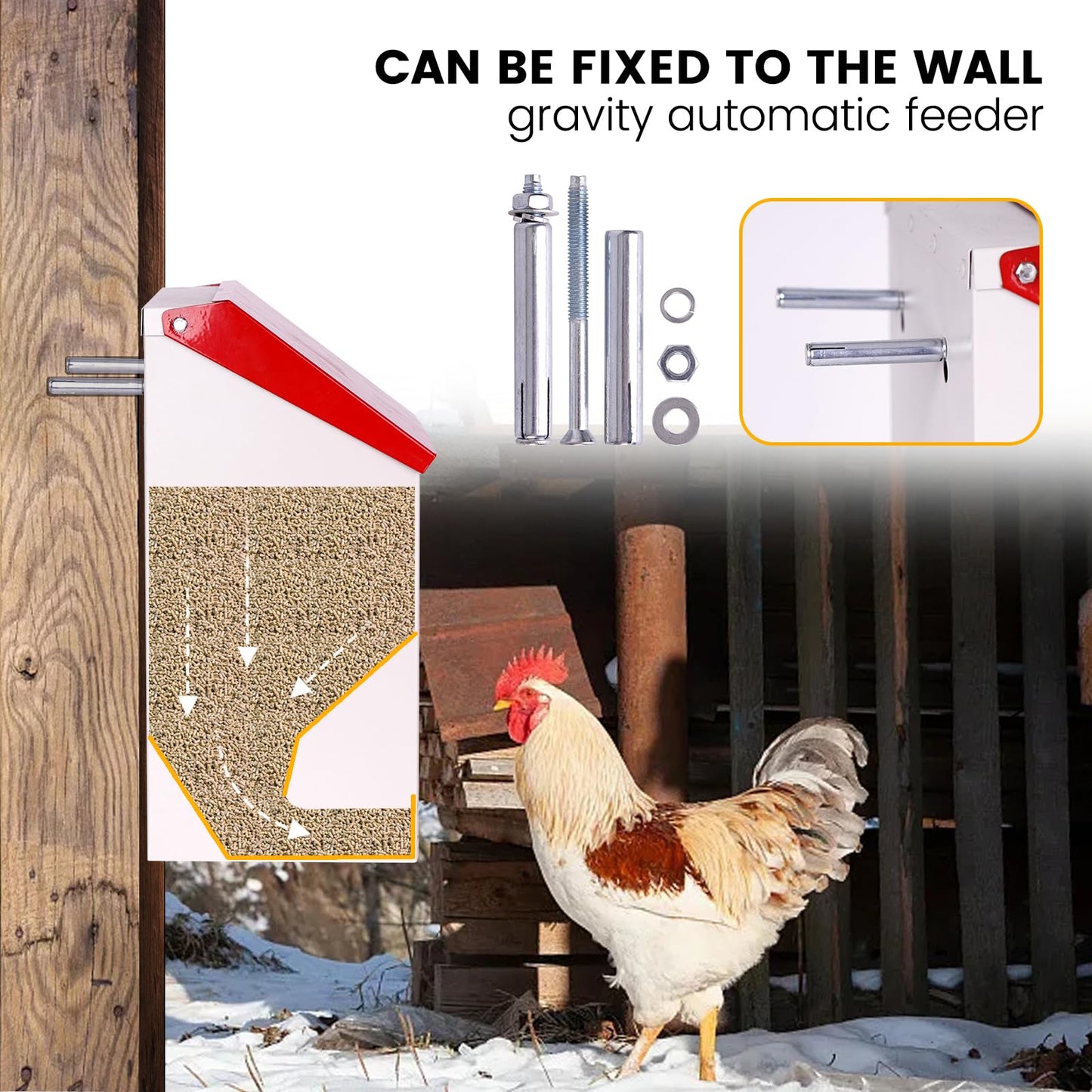 KHEARPSL Galvanized Wall Mount Chicken Feeder No Waste Hanging Chicken Feeder with Lid Weatherproof Metal Automatic Poultry Feeder Trough Food Dispenser for Outside Coop (10 lbs)