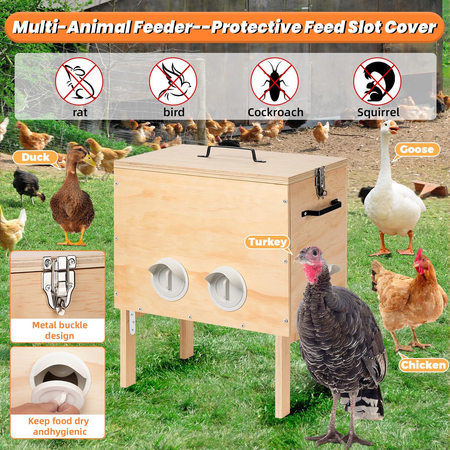 Automatic Chicken Feeder, 40 lb Capacity 6 Port Wooden Chicken Feeders with Locking Lid & Handle for Chickens, Geese, Ducks, Turkeys, Quails