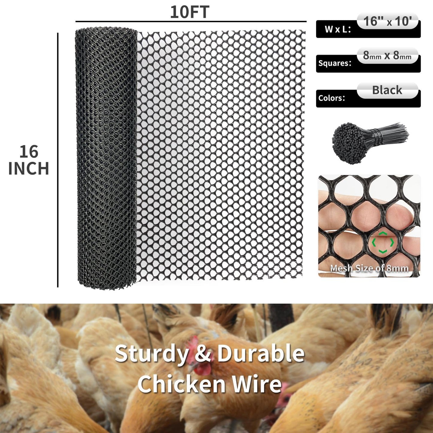 Plastic Wire Mesh Fence 16in x 10Ft Plastic Chicken Wire Mesh for Poultry, Dogs, Rabbit, Snake Barrier & Gardening Versatile Plastic Fencing (16in x 10Ft, Black)