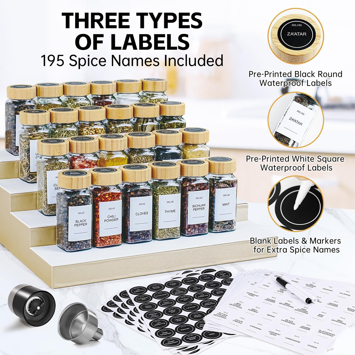 Miuyhji Spice Jars, 24 Pcs 4oz Seasoning Jars with Label, Glass Jars with Bamboo Lids, Spice Containers Bottles with Pepper Grinder & Stainless Steel Funnel for Seasoning Organizer, Cabinet, Drawer