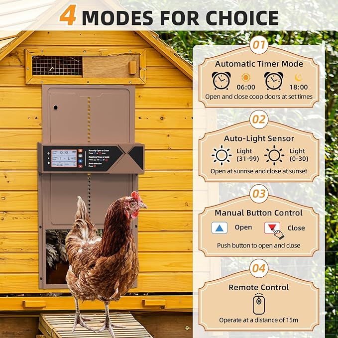 Automatic Chicken Coop Door, 4 Modes LCD Display Chicken Coop Door Solar Powered with Timer & Light Sensor, Aluminum Alloy Automatic Chicken Door with Anti-Pinch, IPX45 Waterproof