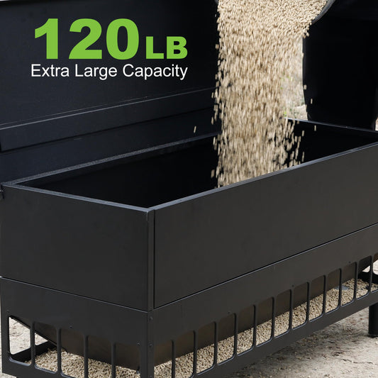 Solution4Patio 120LB Large Free Standing Chicken Feeding Barrel, Metal Poultry Feeder Set, Hen Coop, 38 Feeding Ports Portable Gravity Chicken Feeder