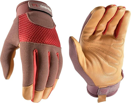 Wells Lamont Women's Breathable ComfortHyde Leather Hybrid Work Gardening Gloves, Large (7872L), Red