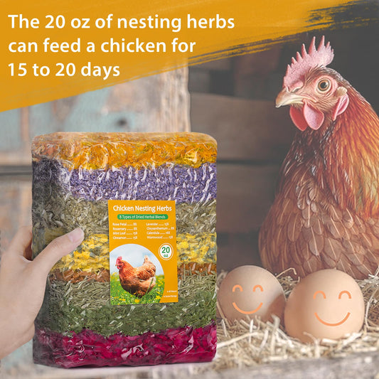 20oz Chicken Nesting Box Herbs - Natural Vacuum-Packed Blend of 8 Dried Flowers & Herbs - Bulk Herbs for a Fresh Chicken Coop, Promote Healthy Hens, Enhance Comfort & Boost Eggs Laying