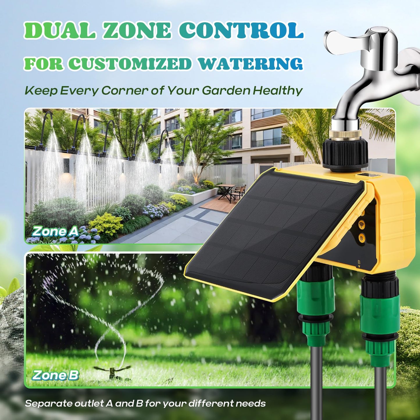 Moongiantgo Smart Solar WiFi Timer Kit, App Control Sprinkler Timer with 30m Pipe+30 360 Degree Bending Nozzle, Outdoor Automatic Watering System Kit with Rain Delay for Irrigation Lawn Yard Garden