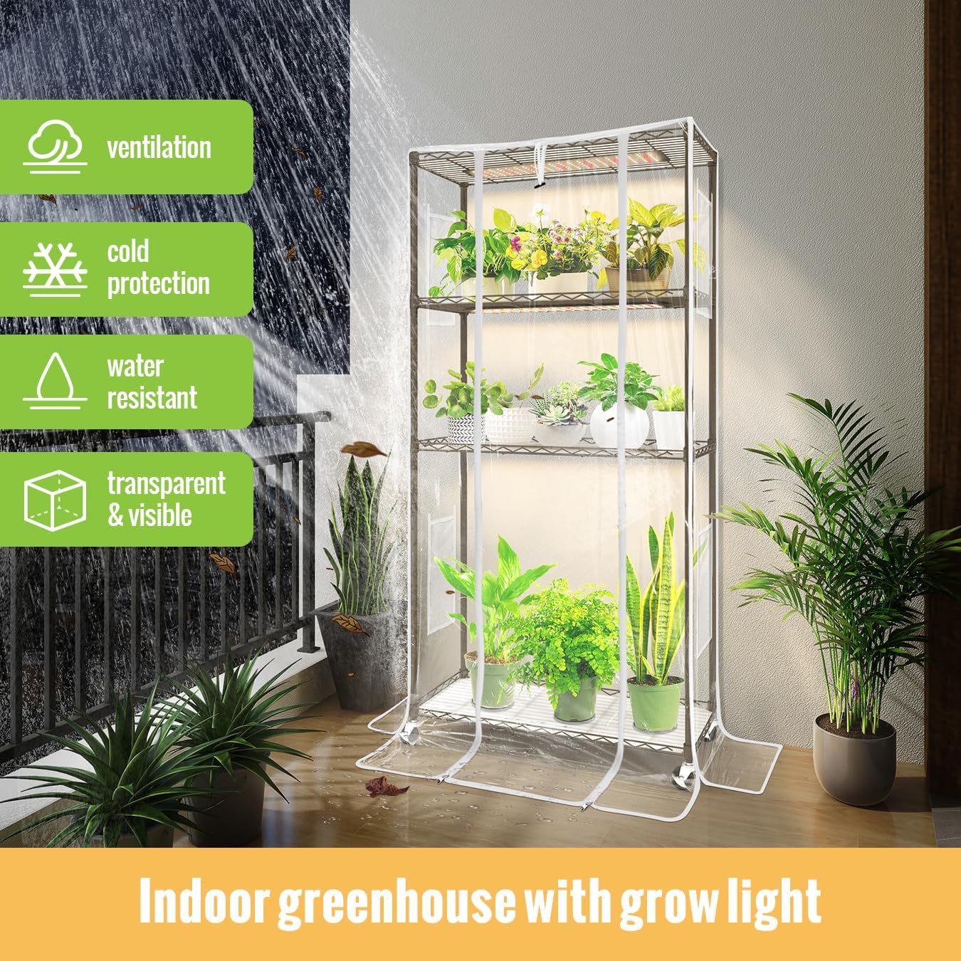 SpeePlant Indoor Greenhouse with Grow Light and Shelves - 4 Tier Plant Stand with Grow Light, Zippered PVC Cover and 3 Dimmable 1.8FT 60W Grow Lights with Timer, 30""(L) X 14""(W) X 59""(H), Black