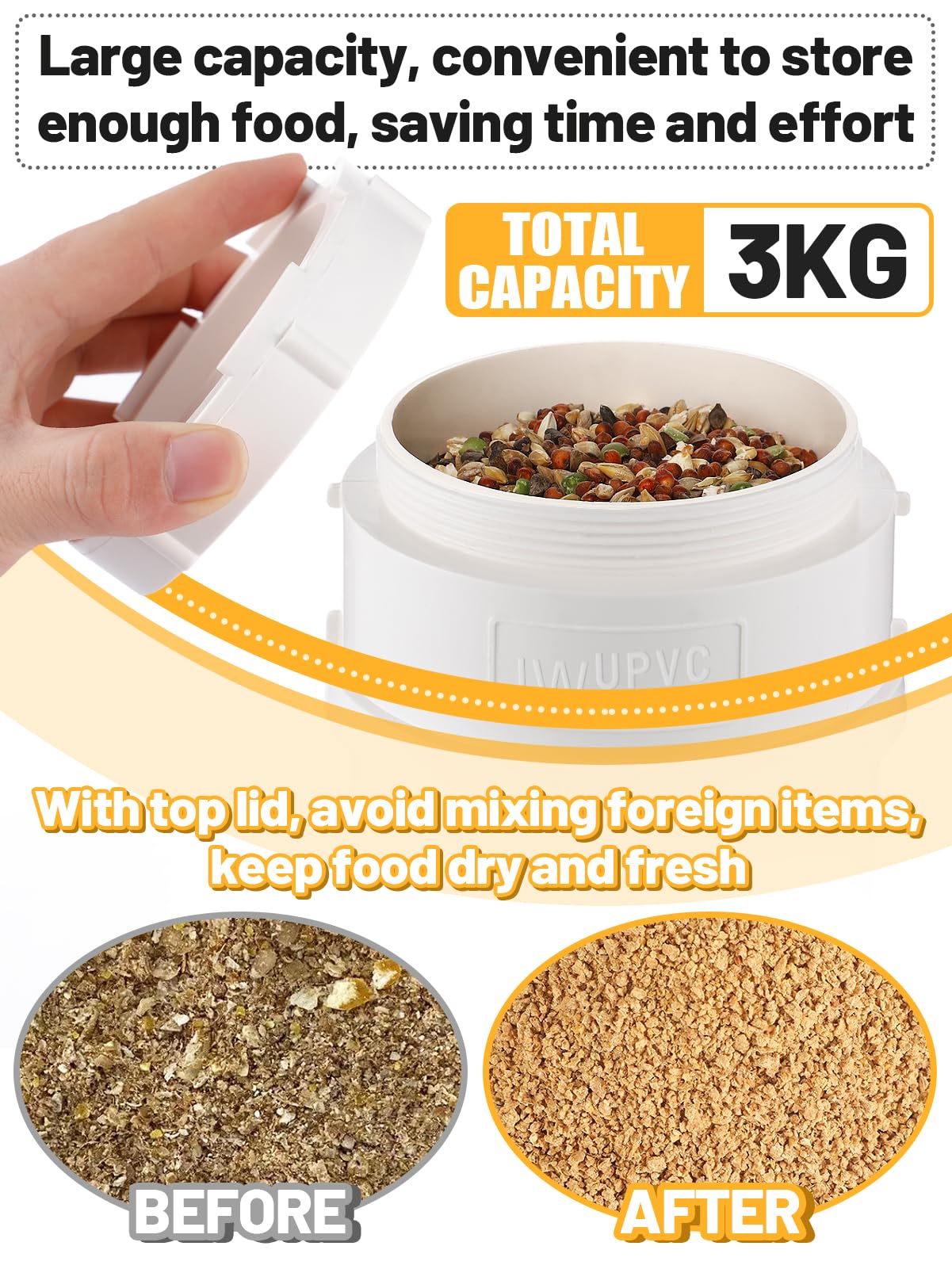 MEWTOGO Automatic Chicken Feeder No Waste - 6.6 Pounds Large Capacity Heavy Duty PVC Pipe Hanging Chicken Feeder, Poultry Gravity Feed Port for Chicken Long Feeding