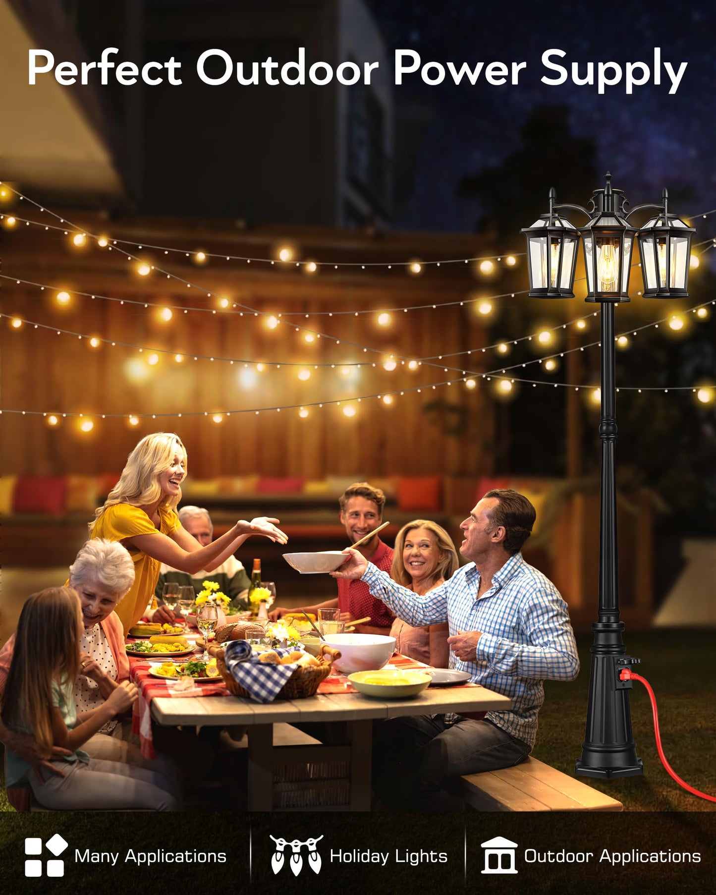 VIANIS Outdoor Lamp Post Light with Outlet 3-Head, Anti-Rust Lamp Posts Outdoor Lighting Dusk to Dawn, Waterproof Street Light Pole for Garden, House, Doorway, Weather Resistant