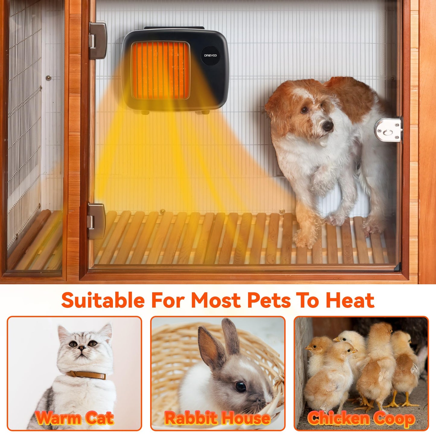 Dreyoo Dog House Heater with Thermostat, Pet House Heater with 6FT Anti Chew Cord and Safe Overheat Protection, 2 Heating Mode (200/400W) Pet House Furnace for Dogs Chicken Coops Rabbits(Black,1 Pcs)