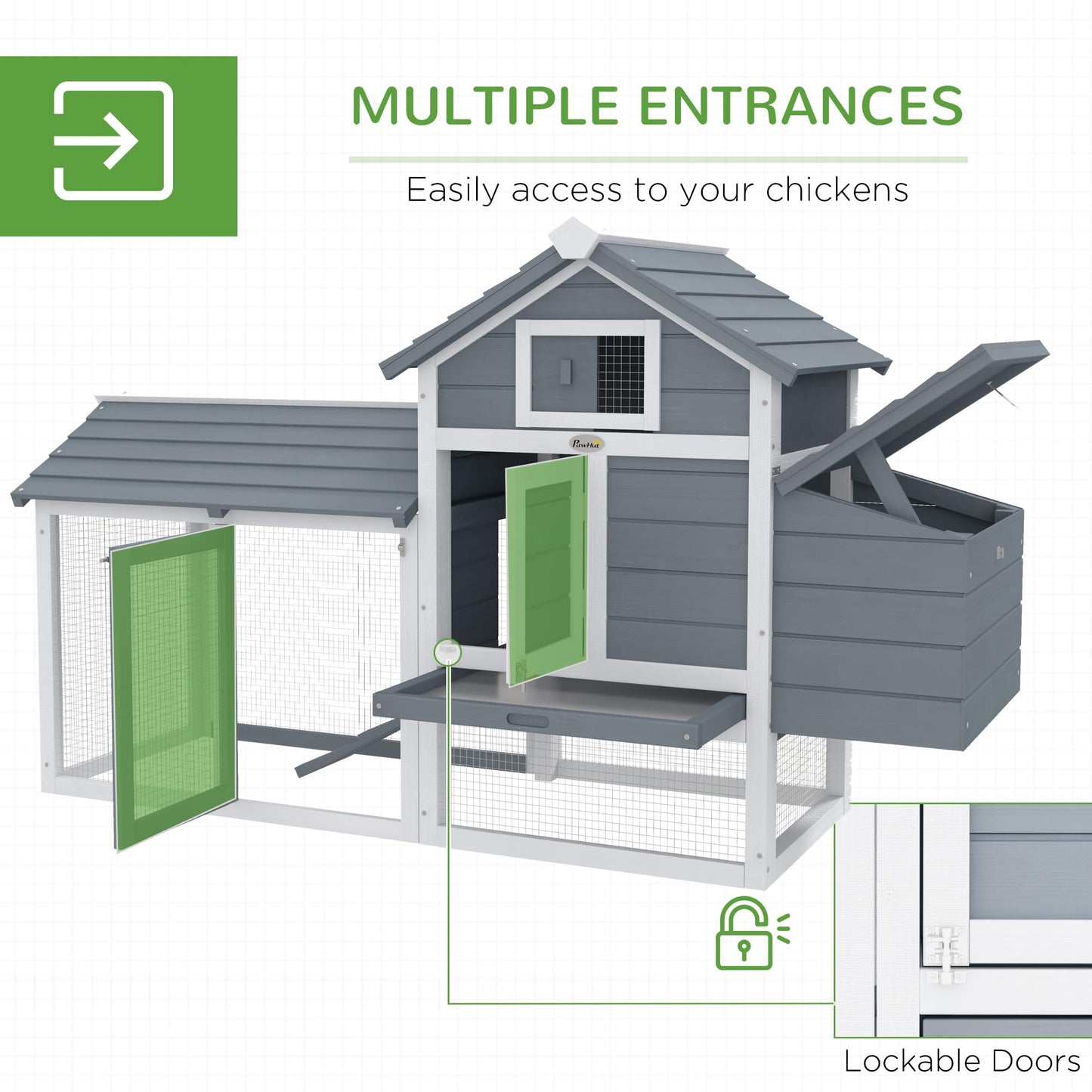 PawHut 59" Small Wooden Chicken Coop Hen House Poultry Cage for Outdoor Backyard with 2 Doors, Nesting Box and Removable Tray, White