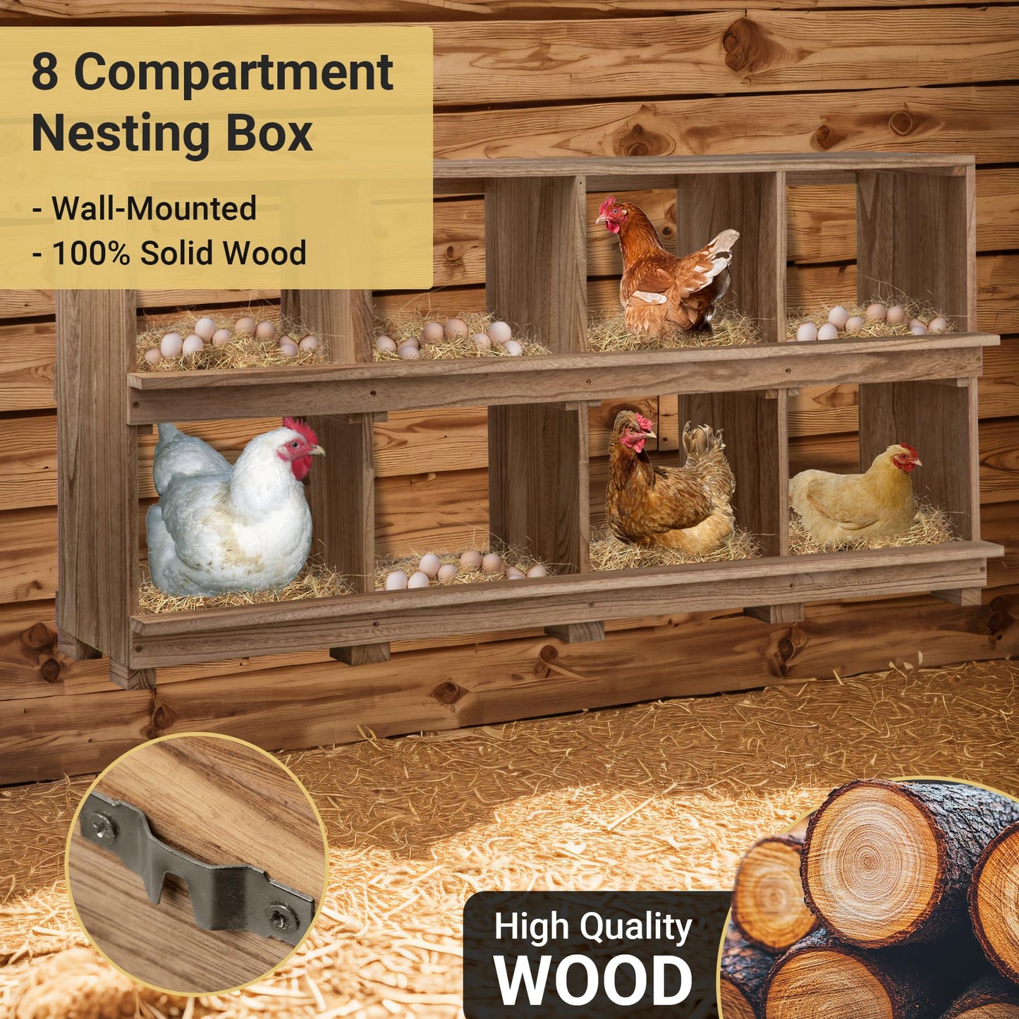 Neoaider Nesting Boxes for Chickens 8 Compartment, Wall-Mounted Wooden Chicken Nesting Box, Ensuring Comfortable Egg Laying, Preventing Egg Falls, Perfect for Backyard and Poultry Farms